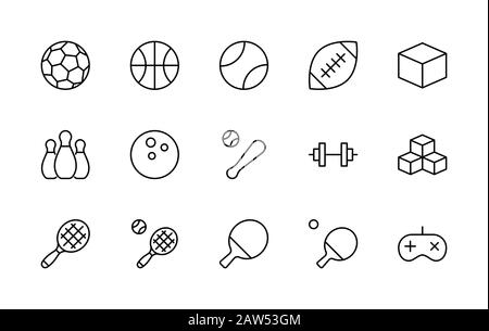 Set aus Sportbällen, Hobbys, Vektorgrafiken für Unterhaltung. Es enthält Symbole für Fußball, Basketball, Bowling, Tennis und vieles mehr. Editierbar Stock Vektor