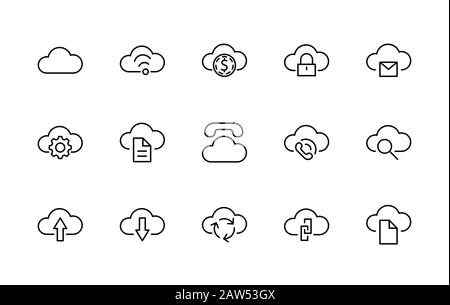 Satz des Symbols "Cloud Vector Line". Es enthält Symbole zum Hochladen, Herunterladen, Verknüpfen und mehr. Bearbeitbarer Strich. 32 x 32 Pixel Stock Vektor