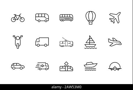 Satz von Symbolen Für die Vektorlinien im Zusammenhang mit öffentlichen Verkehrsmitteln. Enthält Symbole wie Bus, Fahrrad, Roller, Auto, Ballon, Truck, Tram, Trolley, Segelboot, motorboot Stock Vektor