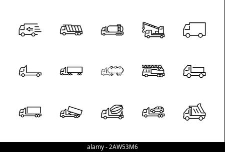 Fahrzeugset der Symbole für die Transportvektor-Linie. Enthält Symbole wie Lkw, Transport, Tow Truck, Kran, Mischer, Müllwagen, Manipulatoren Stock Vektor