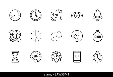 Satz von Zeitvektor-Liniensymbolen. Enthält Symbole wie Timer, Geschwindigkeit, Alarm, Wiederherstellung, Zeitmanagement und mehr. Bearbeitbarer Strich. 32 x 32 Pixel Stock Vektor