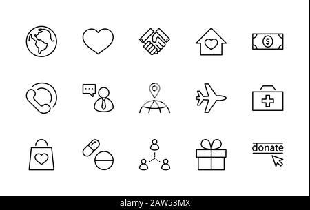 Internationaler Tag für die Symbole Der Schlechten Vektorlinie. Enthält Symbole wie Herz, Planet Erde, Handshake, Geld, Spenden, Medikamente, Flugzeug und mehr Stock Vektor