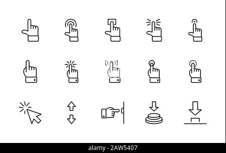 Klicken Sie auf Einen Satz Schaltflächen mit Vektorsymbolen. Enthält Symbole wie Cursor, Maus, Hand, Zeigefinger, Pfeil und mehr. Bearbeitbarer Strich. 32 x 32 Pixel Stock Vektor