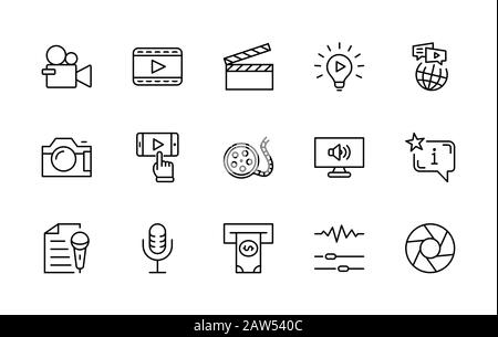 Symbole Für Den Linienvektor Für Den Internationalen Filmtag. Enthält Symbole wie Clapperboard, Kamera, Video, Wiedergabe, Film, Objektiv, Mikrofon, Medieneinstellungen und Stock Vektor