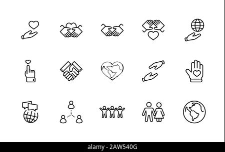 "International Day of Human Solidarity Line Vector Icons Set". Enthält Symbole wie Handshake, Herz, Planet Erde, helfende Hand, Menschen und mehr Stock Vektor