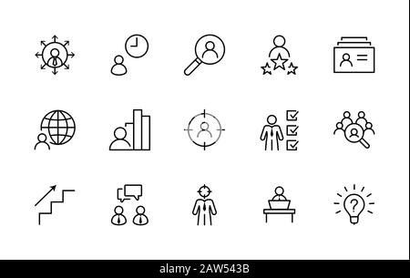 Set mit Symbolen Für die Vektorlinie für die Kopfjagd. Enthält Symbole wie Karrierewachstum, Glühbirne, Kandidat, Suche, CV, Kartenindex, Outsourcing und mehr Stock Vektor