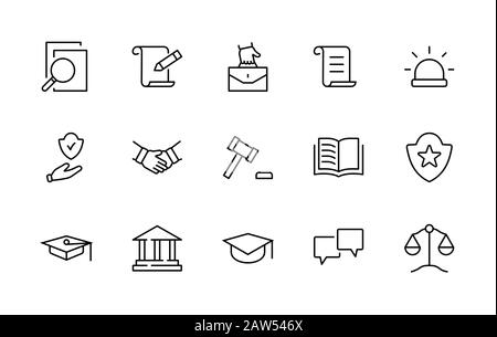 Set of Law and Justice Vector Line Icons. Enthält Symbole wie Waffe, Verhaftung, Autorität, Gerichtsgebäude, Gavel, Recht, Waffe und mehr. Bearbeitbarer Strich Stock Vektor