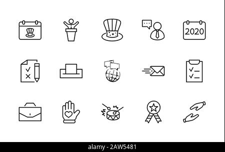 Symbole Für Die Tageswerte Der Internationalen Präsidenten. Enthält Symbole wie "hat", "President", "Voting", "USA", "Flag", "Wahlen", "Government", "Ballot", "Box" Stock Vektor