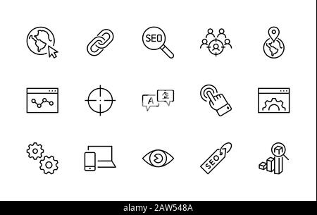 Satz von SEO-Bezogenen Vektorliniensymbolen. Enthält Symbole wie Web-Symbol, Auge, Lokalisierung, Link, Verkehr, Übersetzung, Leistungsverfolgung, Punkt und Stock Vektor