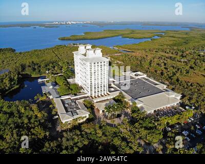 Bonita SPRINGS, FL -30 JAN 2020- Luftansicht des Hyatt Regency Coconut Point Resort and Spa, einem Luxushotel mit vielen Pools in EST Stockfoto