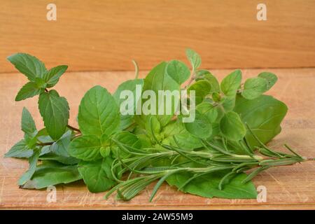 Frische grüne aromatische Pflanzen, Basilikum, Rosmarin, Pfefferminze, Mojito-Minze und Oregano in einem Haufen auf Holzhintergrund Stockfoto