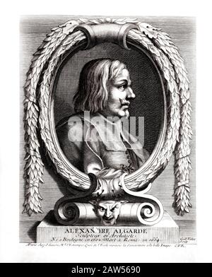 1.650 CA, ITALIEN: Der italienische Bildhauer ALESSANDRO Algardi (* 1598 in Rom; † 1654 in Rom). In XVIII graviert von Guillome Vallet, Paris, Frankreich. - Alexand Stockfoto