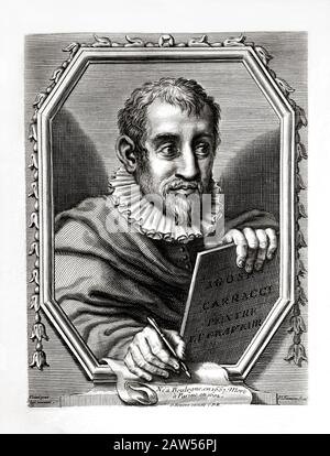 1600 Ca, ITALIEN: Der zelebriere italienische Maler AGOSTINO CarracCI ( 1557 - 1602 ). Graviertes Porträt aus dem Jahr 17880 von P. Simon aus dem Original Self-po Stockfoto