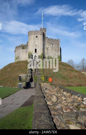 Der normannische Bergfried in Cardiff Castle, South Wales, Großbritannien Stockfoto