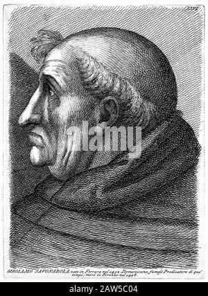 Der italienische, eresene Domenikaner GIROLAMO SAVONAROLA (* 1452 in Rom; † 1498 in Rom). - frate domenicano - scomunica - scomunicato - GEROLAMO - Portrait - ritratt Stockfoto