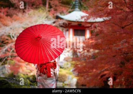 Junge japanische Mädchen Reisende im traditionellen Kiminokleid im Digoji-Tempel mit roter Pagode und rotem Ahorn-Blatt in der Herbstsaison in Kyoto, Japan Stockfoto