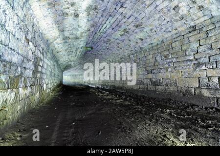 Ein nächtlicher Schuss eines Tunnels, in Parlington Woods bei Leeds, bekannt als der Dunkle Bogen Stockfoto