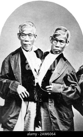 1870 Ca, USA: Die gefeierten thailändisch-amerikanischen ZWILLINGE Chang und eng BUNKERANLAGE (* um die Zeit von November bis August (* um November, † um die Jahre zwischen dem Jahr 1810). Geboren in der Nähe von Bangkok, im Jahr 1829 Robert Hun Stockfoto