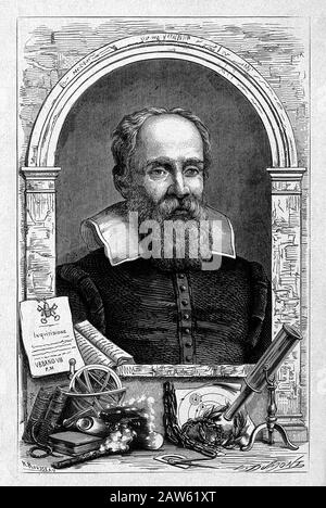 Jahrhundert, ITALIEN: GALILEO GALILEI ( Pisa 1564 - Arcetri 1642 ), Holzgravur von L. Dumont nach H. Rousseau , Paris , FRANKREICH . Galilei war ein Stockfoto