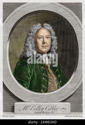 1738, GROSSBRITANNIEN: Der britische Schauspieler und Dramatiker COLLEY CIBBER (* 1671; † 1757) im Alter von 67 Jahren. Porträt des Malers VANLOO, graviert von G. Stockfoto