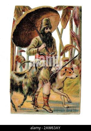 Im Jahre 1880 Ca, FRANKREICH : ROBINSON CRUSOE mit Hund und Ziegenbock, französische Figur d'EPINAL für die Kindheit . Der britische Schriftsteller, Journalist und Spion DANIEL DE Stockfoto