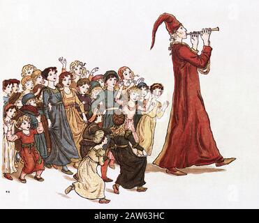 In HAMELN, Niedersachsen, DEUTSCHLAND: Illustration eines alten Bildbandes für Kinder mit dem Pied Piper von Hamelin, von britischen Schmerzen Stockfoto