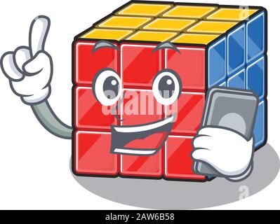 Rubic Cube Cartoon Design Stil spricht auf einem Telefon Stock Vektor