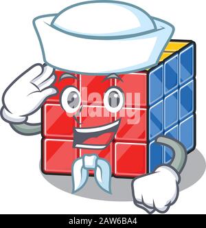 Rubic Cube Cartoon Concept Sailor mit Hut Stock Vektor