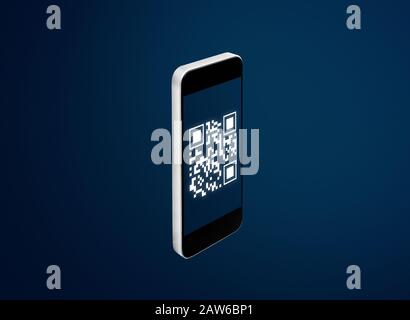 QR-Code Verification System Technologie. Smart Phone scannen QR-Code, auf blauem Hintergrund Stockfoto
