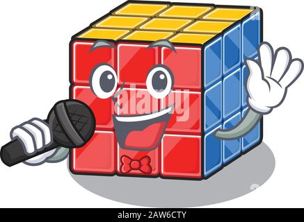 Fröhlicher rubic Cube, der auf einem Mikrofon singt Stock Vektor