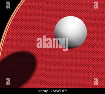 Eine Tischtenniskugel und ein Paddel sind in dieser sonnigen Illustration über den Tischtennissport zu sehen. Stockfoto