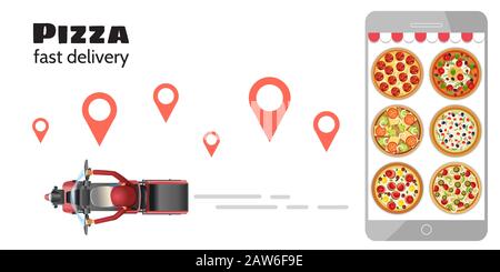 Schnelle und kostenlose Lieferung mit Roller Draufsicht. Vektor-Cartoon-Illustration. Lebensmittelservice. Kurierdienste für mobile Apps für schnelle Online-Zustellung mit MAP Stock Vektor