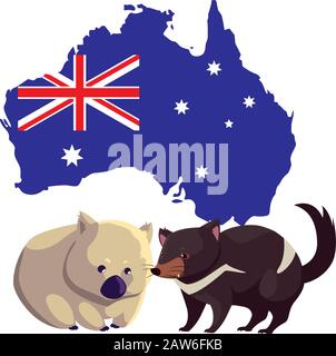 Wombat und tasmanischer Teufel mit Karte von australien im Hintergrund Vektorgrafik-Design Stock Vektor