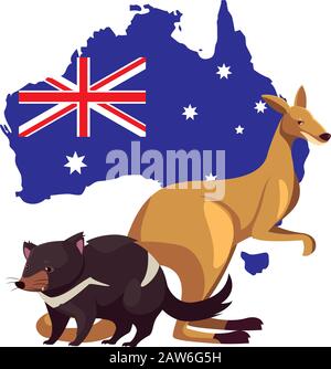 Känguru und tasmanischer Teufel mit Karte von australien im Hintergrund Vektorgrafiken Stock Vektor