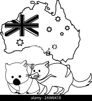 Wombat und tasmanischer Teufel mit Karte von australien im Hintergrund Vektorgrafik-Design Stock Vektor