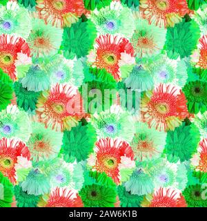 Nahtloses Muster aus grünen und roten Gerbera-Blumen, lebendiges sommerliches Blumenornament, abstrakte gerber-blumentextur, Kunsttapete, trendiger Druck Stockfoto