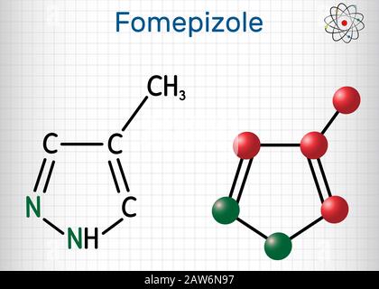 Fomepizol, 4-Methylpyrazol, C4H6N2-Molekül. Es wird zur Behandlung von Methanol- und Ethylenglykolvergiftung verwendet. Strukturelle chemische Formel und Molekül Mo Stock Vektor