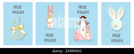 Set von osterkarten. Bunny Rabbit, Huhn und Frühlingsdekor. Frohe ostern. Übersetzung aus Spanisch: Frohe Ostern. Stock Vektor