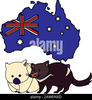 Wombat und tasmanischer Teufel mit Karte von australien im Hintergrund Vektorgrafik-Design Stock Vektor