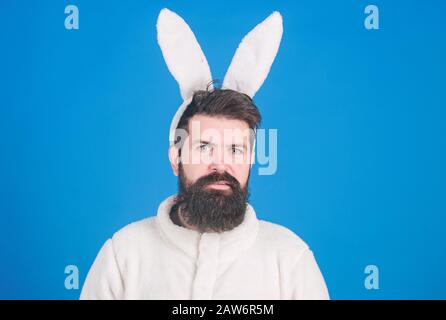 Osterhase. Mann trägt einen kuscheligen Plüschanzug. Lustiger Hünenmann mit Bart und Schnurrbart. Konzept des Ostersymbols. Kerl bärtiger Flusspferd süßer sanfter, bunter langer Ohren blauer Hintergrund. Respekt vor Traditionen. Stockfoto