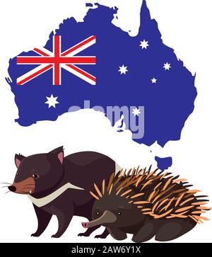 Tasmanische Teufel und Echidna mit Karte von australien im Hintergrund Vektorgrafiken Design Stock Vektor