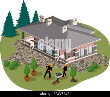 Arbeiter Pflanzen Büsche, Landschaftsgestaltung Konzept. Isometrische Vektordarstellung Stock Vektor