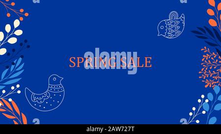 Trendige klassische blaue Frühlingssalat mit abstraktem Blumenhintergrund und negativem Raum Stock Vektor