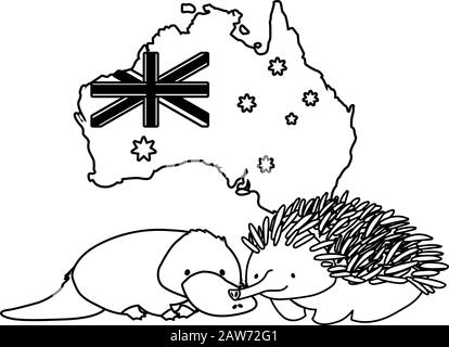 Schnabeltier und Echidna mit Karte von australien im Hintergrund Vektorgrafik-Design Stock Vektor