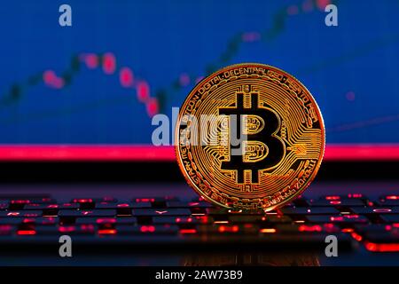 Bitcoins und das neue virtuelle Geldkonzept. Goldene Bitcoins auf dem Notizbuch mit Stock-Grafik und digitalem Hintergrund. Stockfoto