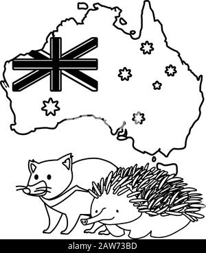 Tasmanische Teufel und Echidna mit Karte von australien im Hintergrund Vektorgrafiken Design Stock Vektor