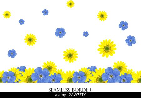 Nahtlose Blumenumrandung mit hellen Frühlingsblumen. Vektor horizontale Zeichnung auf weißem Hintergrund. . Stock Vektor