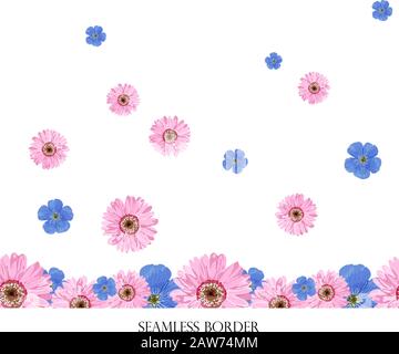 Nahtlose Blumenumrandung mit hellen Frühlingsblumen. Vektor horizontale Zeichnung auf weißem Hintergrund. Stock Vektor