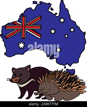 Tasmanische Teufel und Echidna mit Karte von australien im Hintergrund Vektorgrafiken Design Stock Vektor