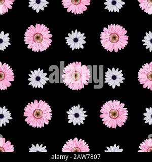 Einfaches Vektor, nahtloses Muster mit Blumen. Rosafarbene Blumen auf schwarzem Hintergrund. Design für Textil-, Stoff- und Verpackungspapier. Stock Vektor